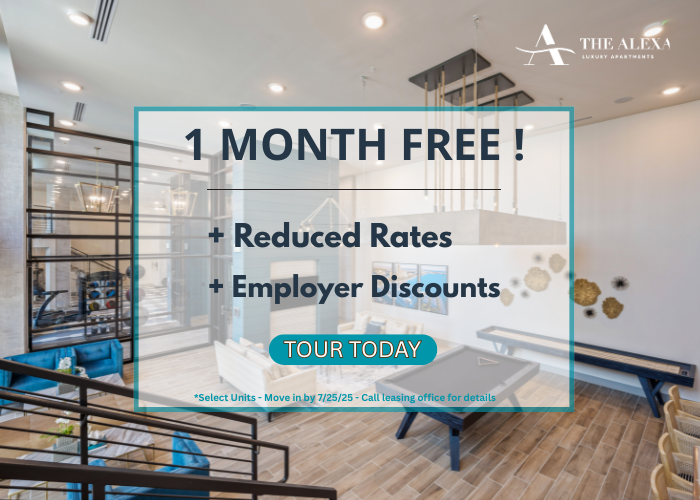 the office is open and the sign says 1 month free reduced rates employees at The Alexa